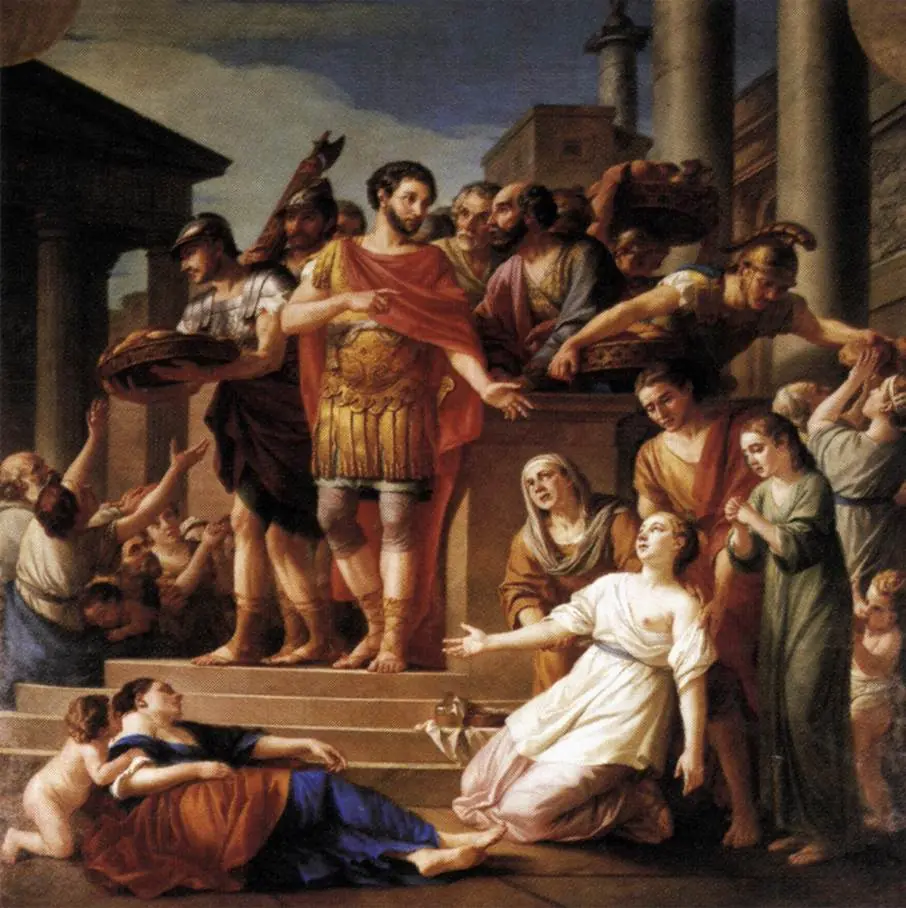 Eighteenth-century painting of an emperor in red among citizens as bread is distributed.