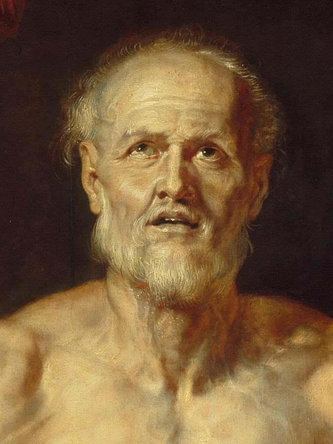 Detail of Rubens's painting showing the head and bare torso of the dying Seneca, a seventeenth-century image rather than a life portrait.